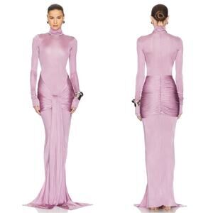Helsa Slinky Jersey Sarong Ruched Draped Long Sleeve Purple Maxi Dress Size XS